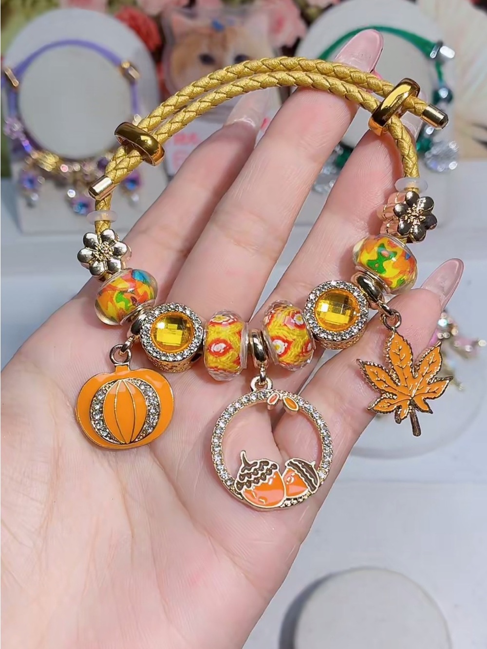 Autumn Orange Charm Bracelet with Enamel Pumpkin and Leaf